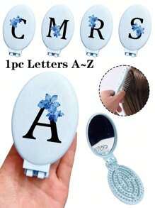 Printed With Daisy Initial Letter A-Z Pink Portable Hollow Comb Makeup Mirror Integrated Portable Folding Mirror Comb & Makeup Mirror