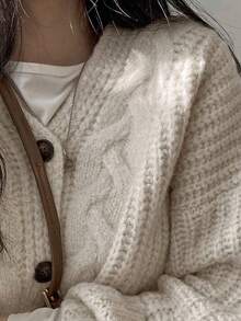 JIANHU 秋冬季女士復古粗針織針織外套-前鈕式，長袖，情人節及更多場合的完美穿搭 - 米色 - 查看 7