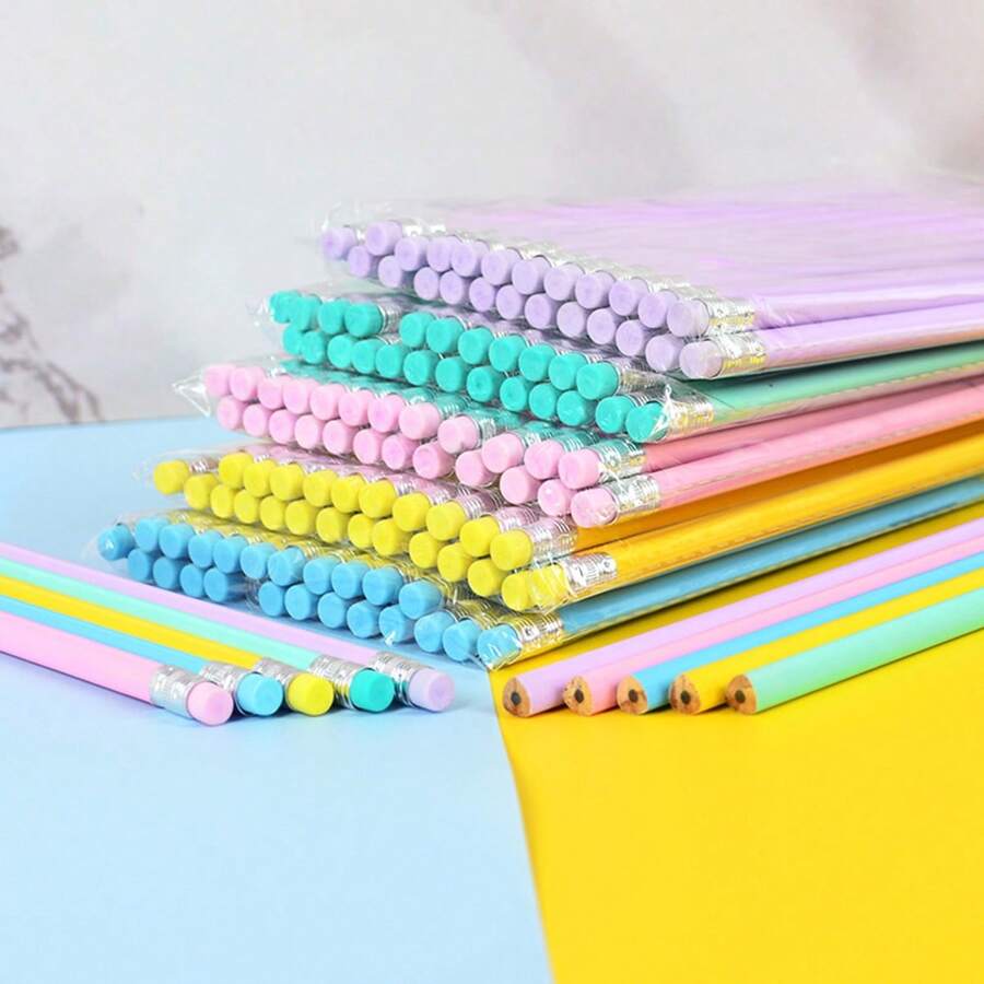 Macaron HB Pencils, Candy Color Pencils With Erasers For Primary School Students, Bright Shaft Linden Wood Plain Color Wooden Pencils