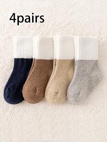 4 Pairs Kids Autumn/Winter Student High Elastic Faux Lamb Fleece Thick Colorblock Mid-Calf Socks - Multicolor - View 17