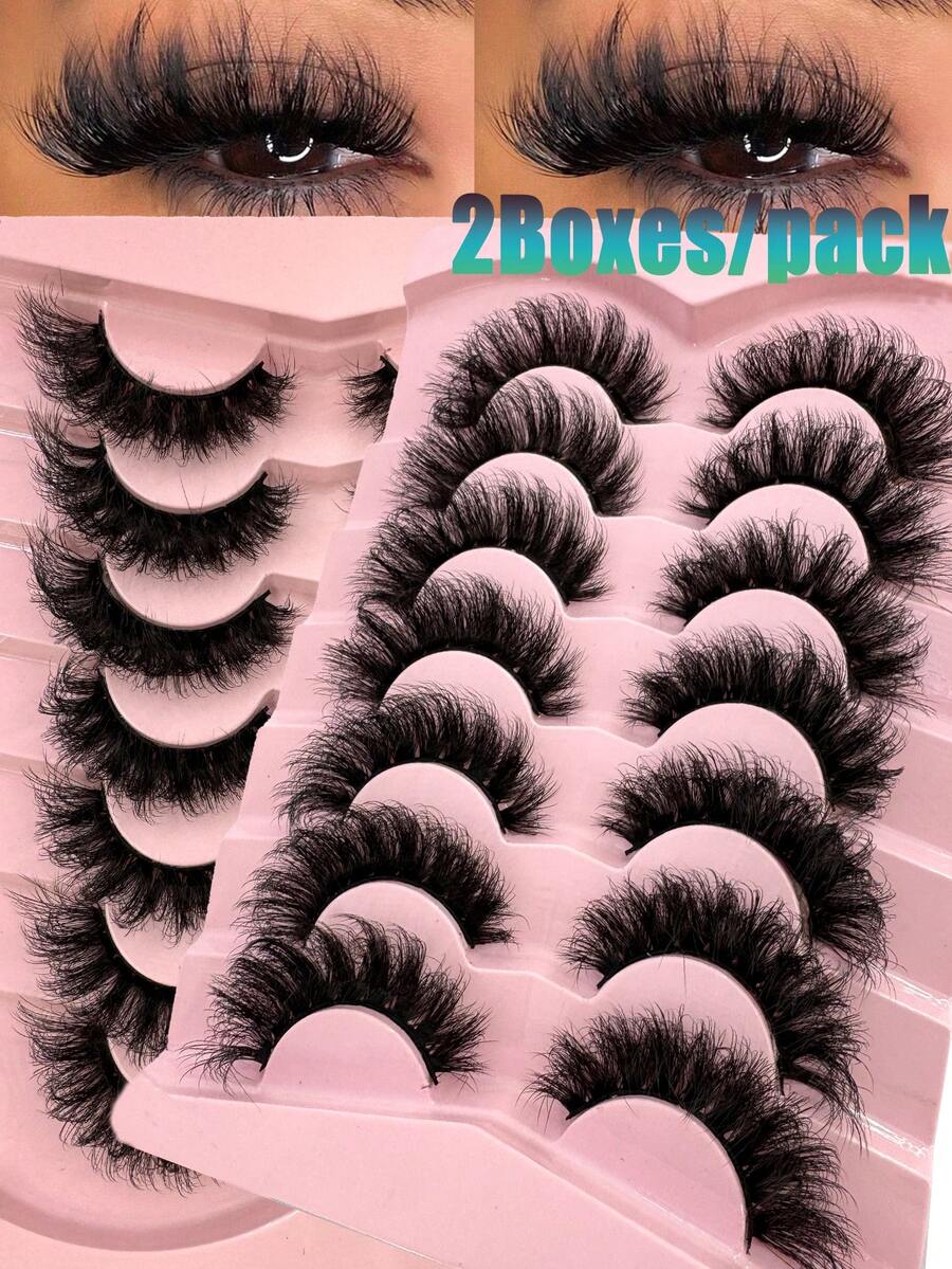 New 2Boxes/14Pairs Soft, Fluffy Natural-Looking 3D Mink Eyelashes, Russian Volume Eyelashes, Dramatic Layered Messy Mink Lashes For Smart Long Cat Eye Lifting, Full Strip Lashes Reusable For Daily And Party, Gift Idea - Black - View 1