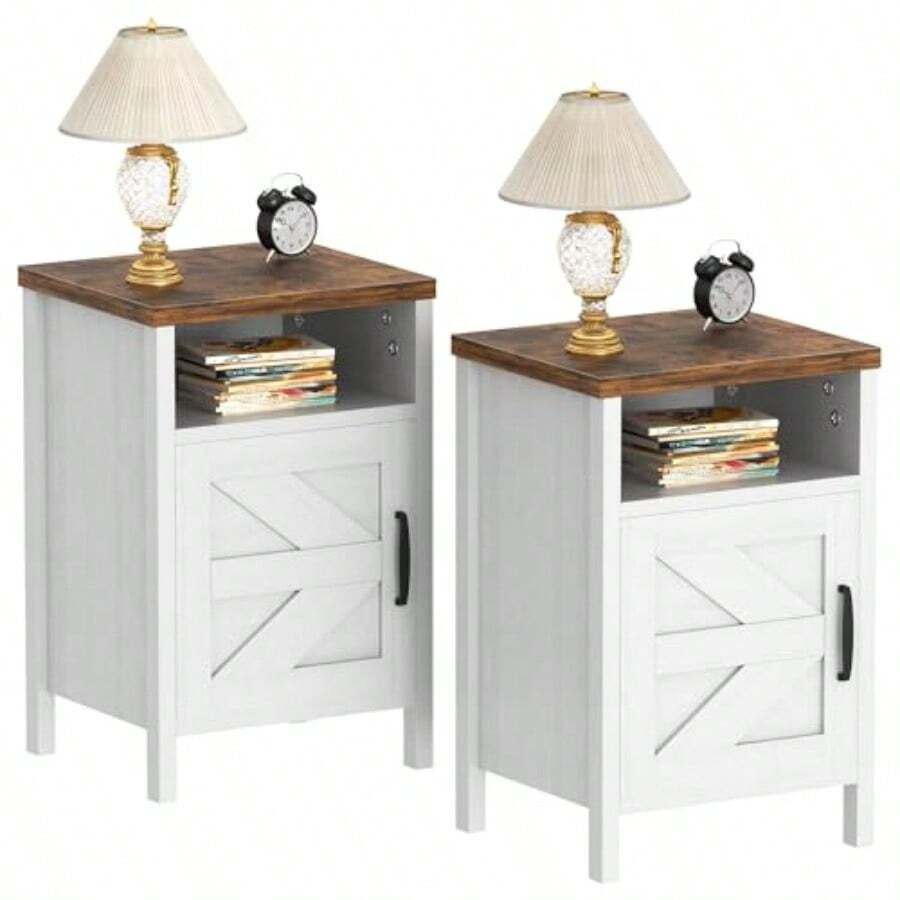 End Table Nightstand Set Of 2 Modern Bedside Table With Barn Door And Open Wood Shelf Side Table For Small Spaces Bedroom White - White - View 1