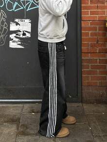Men's New Fashionable Casual Washed Black Denim Jeans, Loose Fit Versatile Side Stripe Jeans - 黑色 - 查看 2