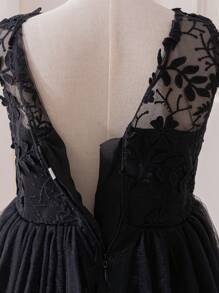 女孩黑色蕾丝露背薄纱连衣裙，表演服 - 黑色 - 查看 8