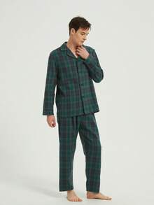 新款男士时尚休闲睡衣套装，长袖上衣和长裤，冬季服装 - 綠色 - 查看 6