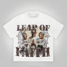 Back - To - School Season Teenage Girls' Faith - Style  Short - Sleeved T - Shirts, With "LEAP OF FAITH" And Figure Prints. These Printed, Short - Sleeved T - Shirts, Girls' Blouses And Soft Knitted T - Shirts Are Suitable For Stylish Summer Wear. - 白色 - 查看 1