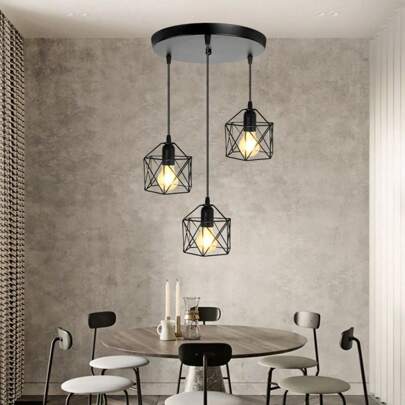 3-Light Pendant Light Fixtures, Farmhouse Hanging Pendant Lighting, Dining Room Chandelier, Industrial Kitchen Island Hanging Light Fixture, Black Metal Cage Pendant Ceiling Lamp For Kitchen Without Light Bulb