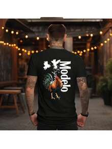 Modelo Rooster T-Shirt - Bold Rooster Graphic With Dynamic Fighting Cocks , Perfect For Beer Lovers And Fiesta Enthusiasts , Casual Daily Wear , Relaxed Fit , Unisex Style , Unique Modelo Design Crewneck Menswear Classic - Black - View 1