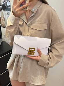 Mini Solid Color Minimalist Flap Clutch, Casual PU Solid Color Envelope Bag - Beige - View 5