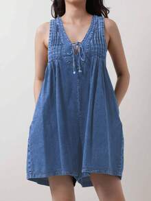 Women Summer Sleeveless Oversize Denim Romper To Music Festival Adjustable Tie Front Waist Utlty Pockets Non-Stretch Vacation Beach To Brunch Wear - 牛仔藍 - 查看 3