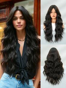 24 Inch Long Wavy Black Wig With Curtain Bangs For Women Heat Resistant Fiber Hairpiece,Natural Synthetic Full Machine Hair Wigs For Daily Music Festival Party Wear, Cosplay Halloween & Street Photography Use - 自然黑 - 查看 2