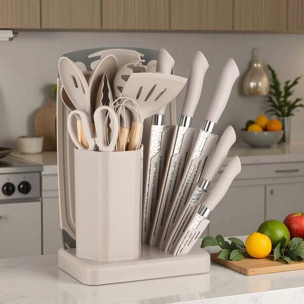 23 PCS Silicone Kitchen Utensils Set And Kitchen Knife Set With Removable Knife Cover, Non-Stick Heat Resistan Kitchen Tools Best Kitchen Cookware Include 12 Pcs Silicone Cooking Utensils 5 Pcs Chef Knife Set
