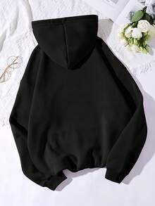 Sudadera casual para mujer estilo universitario con estampado de letras, cordón ajustable, holgada, cuello con capucha, manga larga, otoño/invierno, uso diario, pulóver - Negro - Ver 2