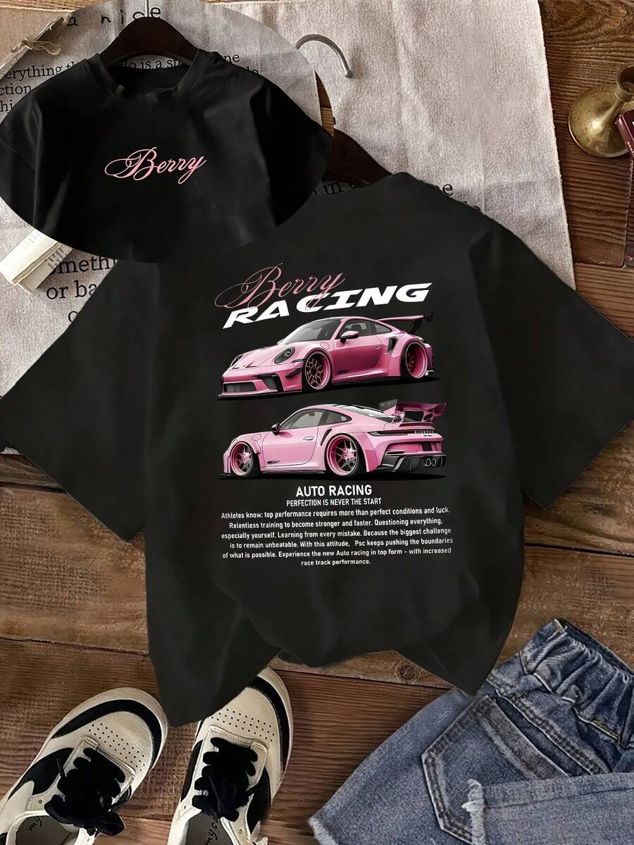 Women's T-Shirt With Car Print, Suitable For All Seasons. - Black - View 1