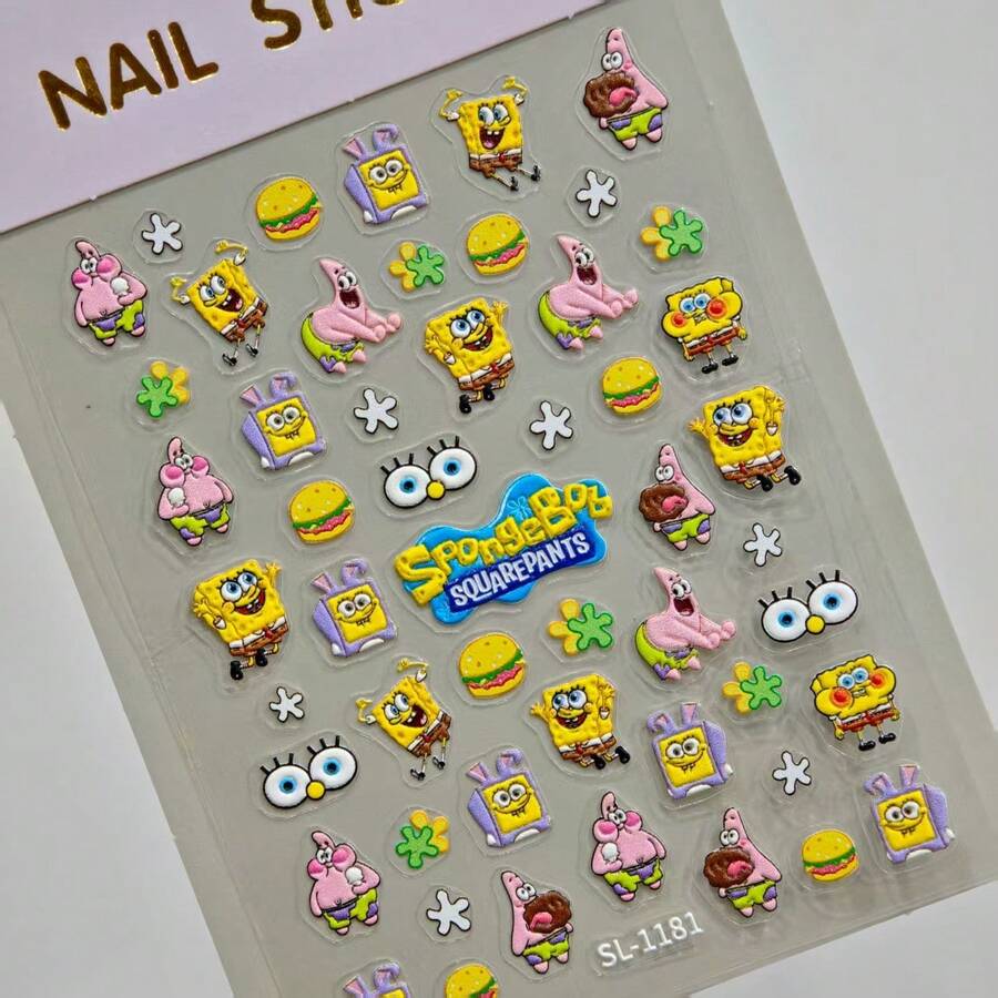 SpongeBob SquarePants 1pc SpongeBob Cartoon Nail Art Sticker, Anime DIY 3D Nail Sticker, Art Decor Self-Adhesive Waterproof Sticker, Nail Art Gift, Halloween Gift, Christmas Gift - Multicolor - View 1
