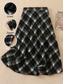复古优雅女式高腰格子裙，带口袋，休闲 A 字喇叭裙，返校节外出裙，圣诞服装秋季裙，秋季服装，长款秋季裙女装，感恩节裙，栗色裙，秋季裙，冬季裙，冬季女装，格子裙，秋季女装 - 黑色 - 查看 2