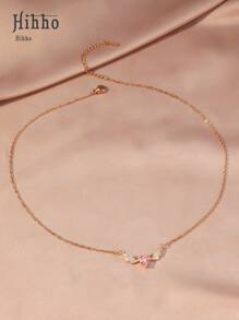 Hihho 1 件锆石镶嵌天使翅膀吊坠项链，粉色心形设计奢华珠宝礼物，适合女士 - 金黃色 - 查看 2