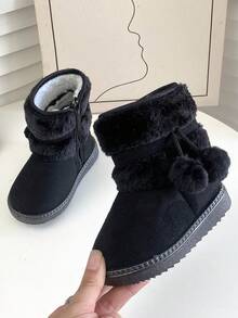 女童软底防滑雪地靴，保暖内衬踝靴，加厚时尚毛球中筒靴 - 黑色 - 查看 3