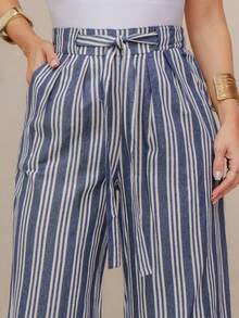 Linen Palazzo Pants With Front Tie And Vertical Stripes/240026-1 - 藍 - 查看 4
