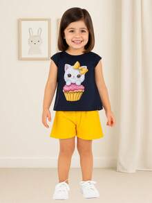 Conjunto Infantil Menina Verão Blusa Meia Malha e Short Moletinho Confortavel Elegante Kyly 1000986 - Azul Marinho - Visão 1
