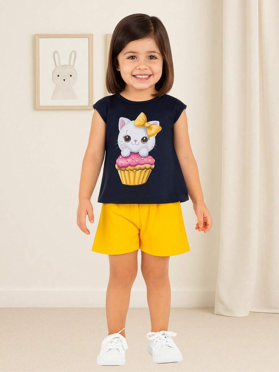 Conjunto Infantil Menina Verão Blusa Meia Malha e Short Moletinho Confortavel Elegante Kyly 1000986 - Azul Marinho - Visão 1