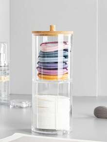 Bamboo Lid Transparent Plastic Storage Box, Desktop Makeup Organizer Box With Dual-Hole Round Design, Transparent Cosmetic Storage Box With Dual-Compartment Design - Modern Vanity Storage Box With Lid, Bathroom Sink Organizer, Suitable For Makeup Brushes, Lipsticks, Beauty Tools - Multicolor - View 5