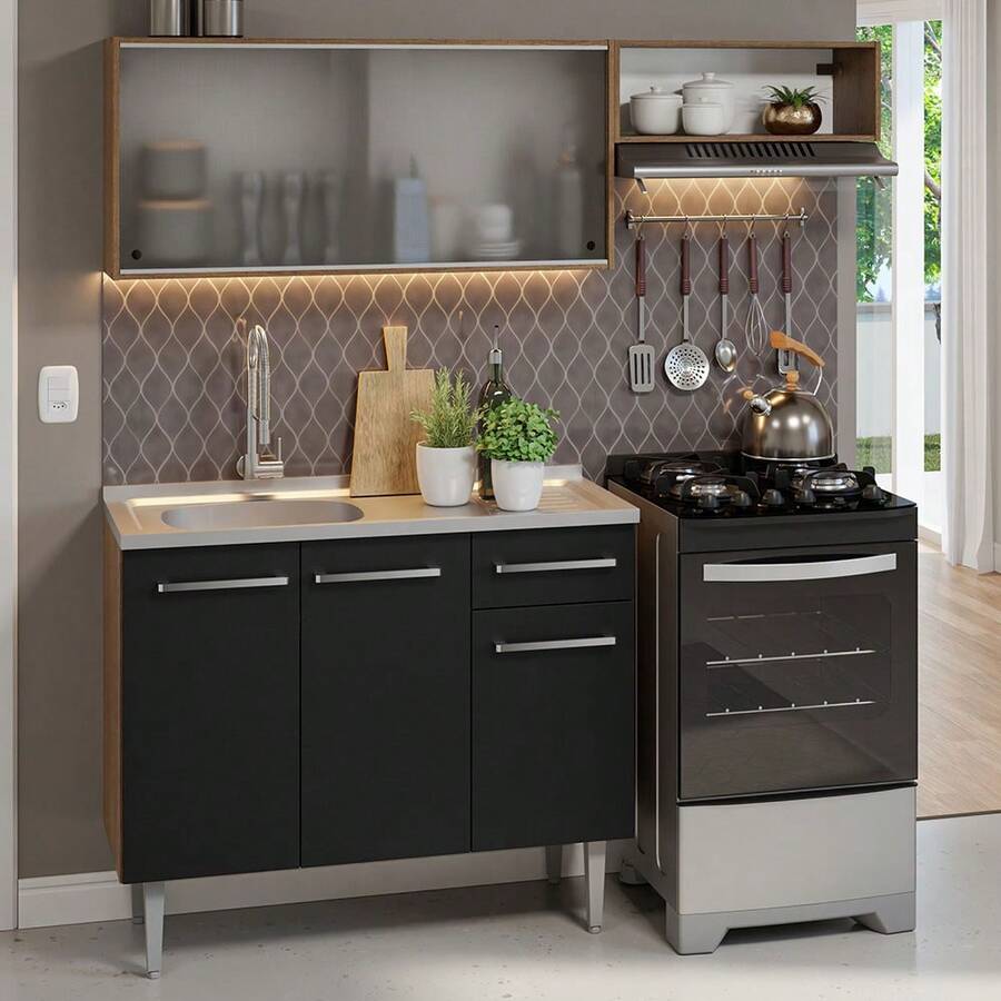 Emilly Madesa 05 Compact 165cm Kitchen Cabinet With Rustic/Black Sink - Brown and Black - View 1