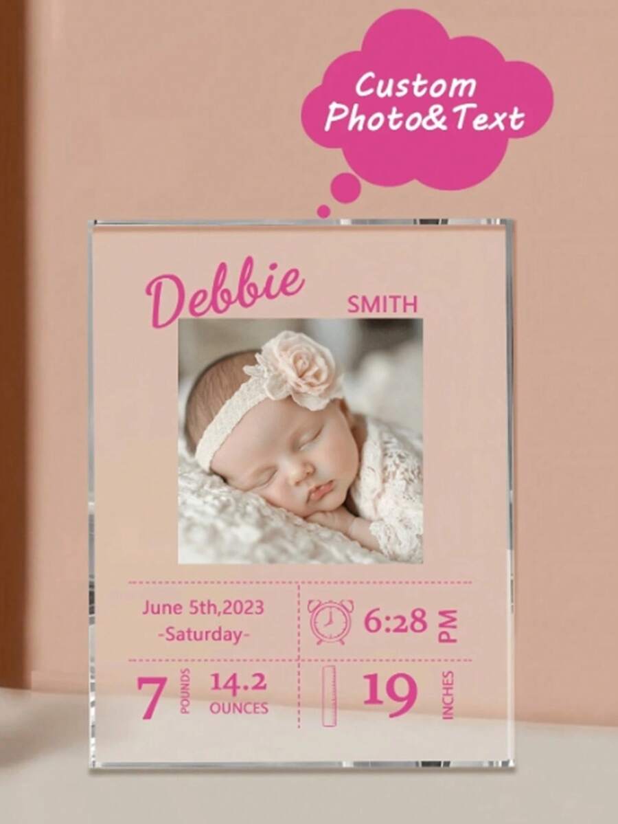 1pc Custom Birth Picture Frame, Personalized Photo Acrylic Picture Frame, Custom Birth Stat Picture Frame, Personalized Photo Frame, Personalized Baby Shower Gifts, New Gift For Housewarming Living Room, Bedroom - Hot Pink - View 1