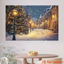 1pc Christmas Winter Snowy Landscape Backdrop With Lamp Post, Holiday Trees And Cozy Cottage, Polyester Fabric, Suitable For Holiday Photography, Baptism, First Communion, Outdoor Party Decor - 1 - View 4