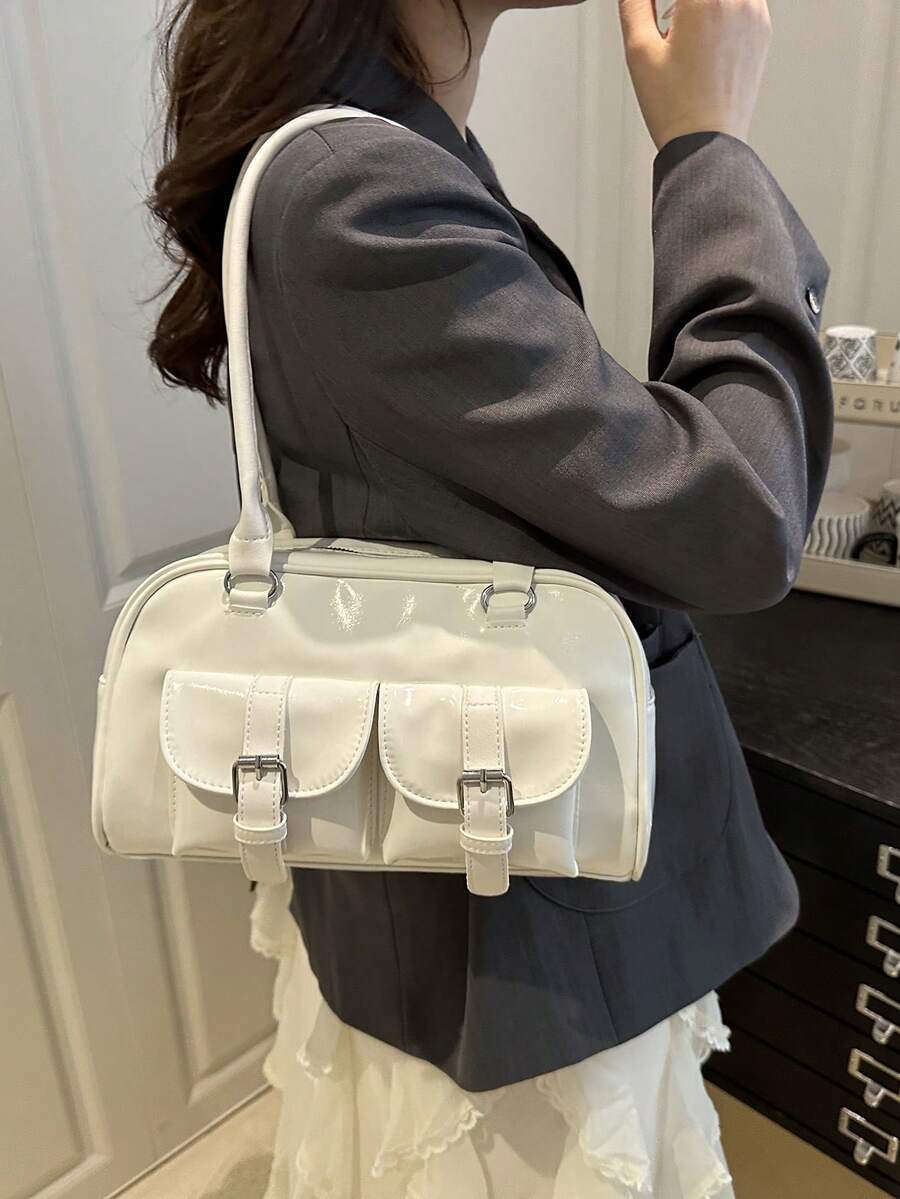 1个简约复古拉链手提包,带口袋,双提手,适合女士日常休闲及通勤使用。 - 白色 - 查看 1