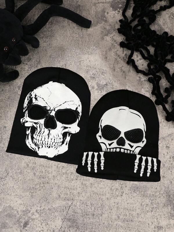 1pc Women's Black & White Skull Print Windproof Warm Long 3-Hole Funny Dark Style Balaclava Hat, Suitable For Halloween Party