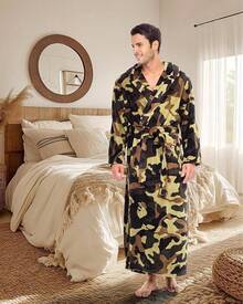 Mens Robe With Hood, Plush Fleece Hooded Mens Bathrobe, Big And Tall Bath Robe For Menhalloween - Green Camouflage - View 5