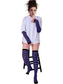Tongcloud Women's Striped Knee High Socks, Over Knee Thigh High Socks, Arm Warmer And Fingerless Gloves SetHalloween Christmas New Year - 黑色和紫色 - 查看 4