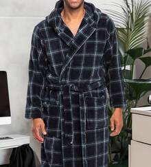 Mens Robe With Hood, Plush Fleece Hooded Mens Bathrobe, Big And Tall Bath Robe For Menhalloween - Blue and Green Tartan Plaid - View 2