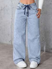 女士阔腿牛仔裤，适合万圣节、圣诞节、新年、感恩节等场合，抽绳腰带设计，带口袋，浅色水洗休闲裤，无弹力面料 - 藍色 - 查看 2