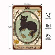 Black Cat Tarot Card Tin Sign: World XXI Design - Witchy Aesthetic Wall Decor For Cat Lovers Occult Fans Tarot Enthusiasts - 彩色 - 查看 5