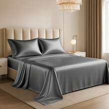 Lux Decor 4-Piece Satin Sheet Set, Silky Soft Polyester Bed Sheets With Deep Pocket Fitted Sheet, Breathable Cooling And Refreshing Bedding, Soft Touch, Washable Bed Linen For Home, Bedroom And Guest Room - 深灰色 - 查看 1