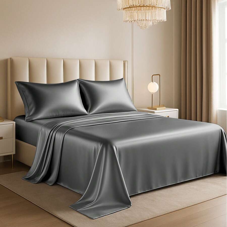 Lux Decor 4-Piece Satin Sheet Set, Silky Soft Polyester Bed Sheets With Deep Pocket Fitted Sheet, Breathable Cooling And Refreshing Bedding, Soft Touch, Washable Bed Linen For Home, Bedroom And Guest Room - 深灰色 - 查看 1