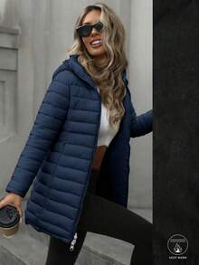 Risissida Women's Mid-Length Hooded Jacket, Double-Sided Design, Suitable For Daily Wear And Commuting, Comfortable For Autumn/Winter, With Pockets - Blue - View 5