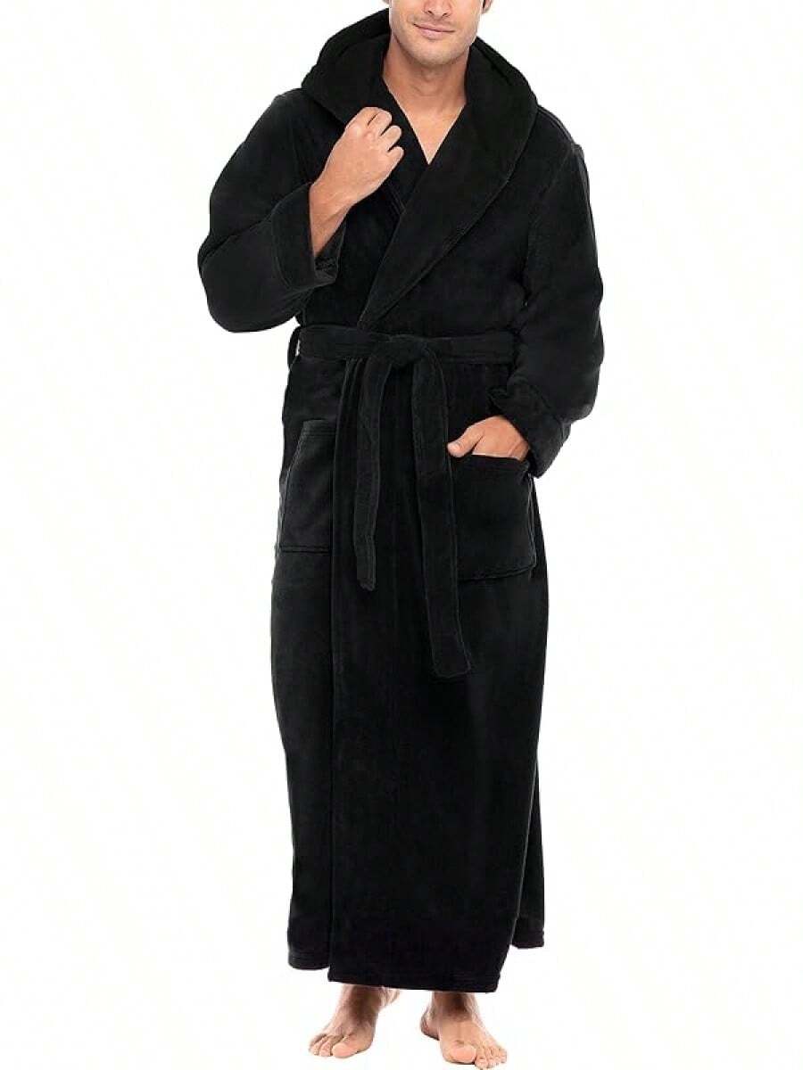 Mens Robe With Hood, Plush Fleece Hooded Mens Bathrobe, Big And Tall Bath Robe For Menhalloween - Black - View 1