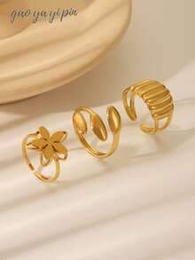 3pcs Set Minimalist Stainless Steel 18K Gold Plated Hollow Leaf & Flower Design Rings For Women, Suitable For Daily, Festival, Date, Birthday, New Year Celebration Accessories Or Gift