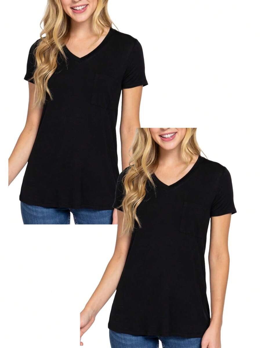 Short Sleeve V Neck Relaxed Fit Top With Chest Pocket 2 Pack - Đen-Đen - Xem 1