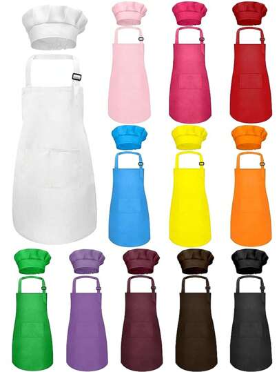 1 pieza Conjunto de delantal y gorro de chef para niños, delantal para niños/niñas con 2 bolsillos, ajustable, delantal para pintura infantil, adecuado para cocinar, aula, hornear, pintar, manualidades, asar a la parrilla, DIY, fiestas, edades 6-13