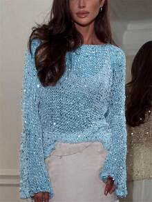 Women Sequin Crochet Knitted Long Sleeve Sweaters Sheer Mesh See Through Pullover Jumper Tops Shiny Fishnet Loose ShirtsBlingbling Hollow Out Party Night Out Tops Summer Holiday Beachwear Swimsuit Cover Ups - 淺藍色 - 查看 3