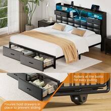 GREENSTELL Modern Upholstered Bed Frame ,Twin/Full/King/Queen Size Bed Frame ,With Storage Drawers & USB Charging Station , Storage Upholstered Headboard X LED Lights ,Duty Metal Slats ,Noise-Free,Easy Assembly - 黑色 - 查看 4