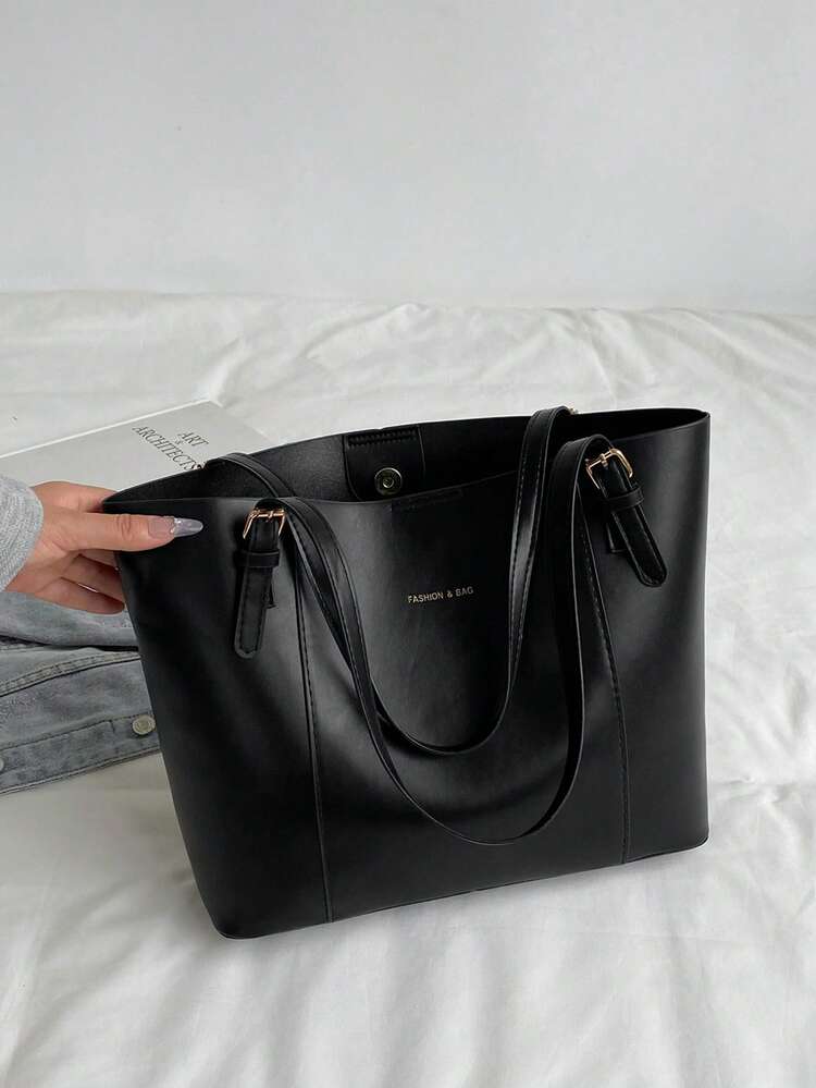 Bolso de tote de gran capacidad en color negro para mujeres, bolso de hombro minimalista de piel de PU con cierre de hebilla, bolso de trabajo y de uso diario adecuado para la oficina, la escuela y las compras - Negro - Añade 2