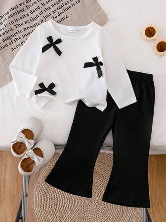 Conjunto de top de manga larga con bloqueo de color y decoración de moño, y pantalones acampanados para niñas bebé, de tela suave y transpirable, adecuado para juegos al aire libre, primavera y otoño