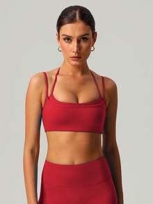 Sujetador deportivo para mujer con cuello de halter, tirantes ajustables de múltiples hombros, doble capa y espalda con diseño estético para yoga, fitness y actividades deportivas - Rojo - Ver 4