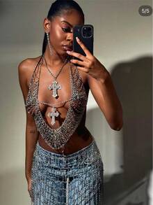 Glossmoon New Women's Nightclub Sexy Metal Tassel Chest Chain Rhinestone Cross Strap Bra Body Chain Fashion Jewelry Chain Beachwear - Bạc - Xem 2