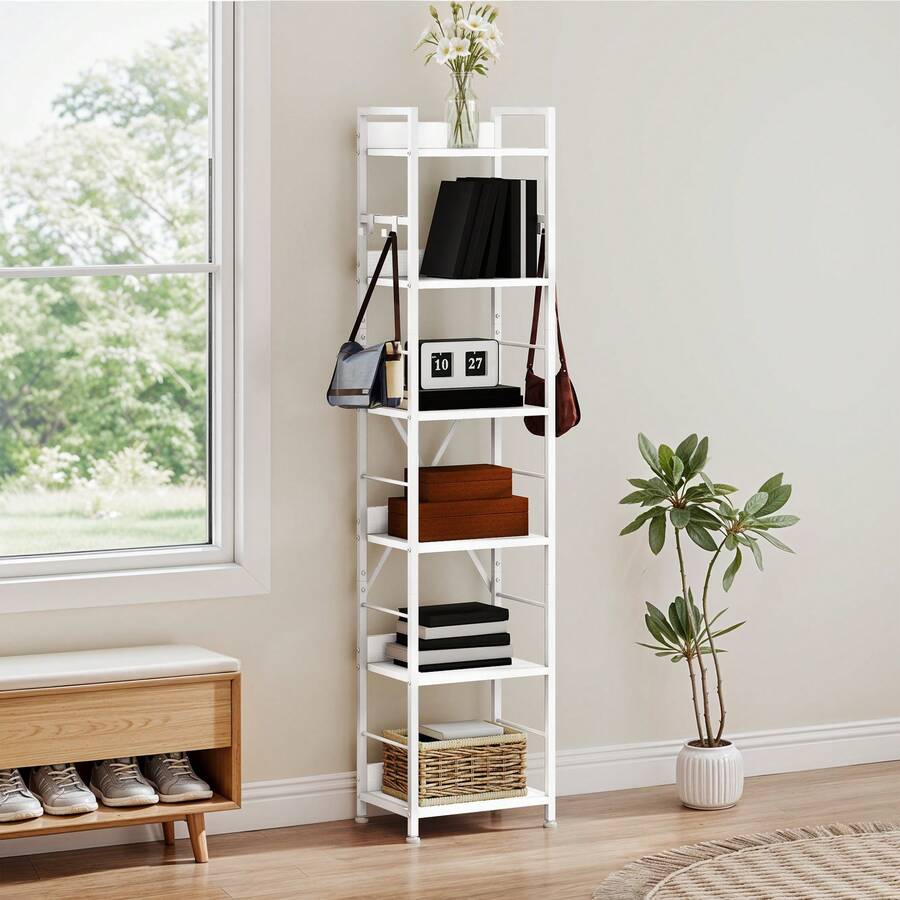 BALCONERA 6-Tier Industrial Tall Shelving Unit – Floor-Standing Wooden Shelving Unit With Metal Frame & 4 Hooks, Pure White | Storage Unit For Living Room & Home Office - 白色 - 查看 1